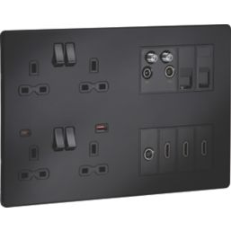 Knightsbridge SFR998MBB 13A 4-Gang DP Combination Plate + 4.0A 18W 2-Outlet Type A & C USB Charger Matt Black with Black Inserts