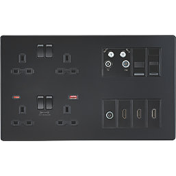 Knightsbridge SFR998MBB 13A 4-Gang DP Combination Plate + 4.0A 18W 2-Outlet Type A & C USB Charger Matt Black with Black Inserts