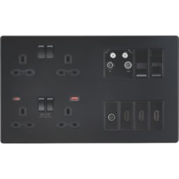 Knightsbridge SFR998MBB 13A 4-Gang DP Combination Plate + 4.0A 18W 2-Outlet Type A & C USB Charger Matt Black with Black Inserts