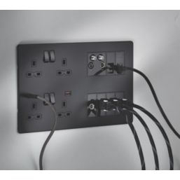 Knightsbridge SFR998MBB 13A 4-Gang DP Combination Plate + 4.0A 18W 2-Outlet Type A & C USB Charger Matt Black with Black Inserts