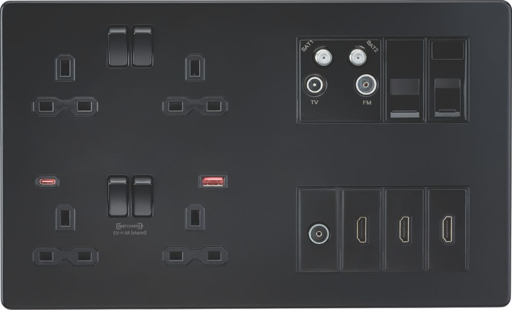 Knightsbridge Schraubenlose Steckdose Mit Dual-USB – 13 A, Mattschwarz Mit Chrom-Wippschalter