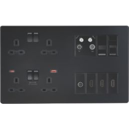 Knightsbridge SFR998MBB 13A 4-Gang DP Combination Plate + 4.0A 18W 2-Outlet Type A & C USB Charger Matt Black with Black Inserts