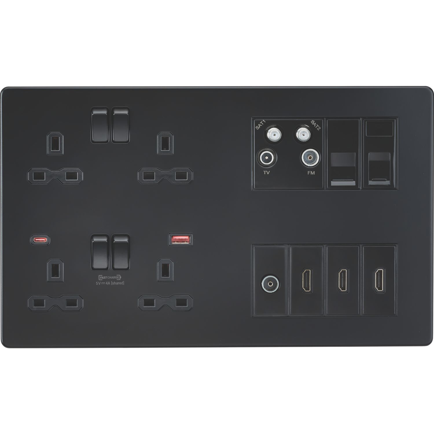 Knightsbridge SFR998MBB 13A 4-Gang DP Combination Plate + 4.0A 18W 2-Outlet Type A & C USB Charger Matt Black with Black Inserts (592VF)