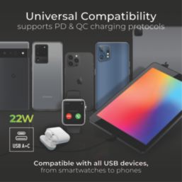 British General Evolve 13A 2-Gang SP Switched Socket + 3A 22W 2-Outlet Type A & C USB Charger Black Chrome with Black Inserts