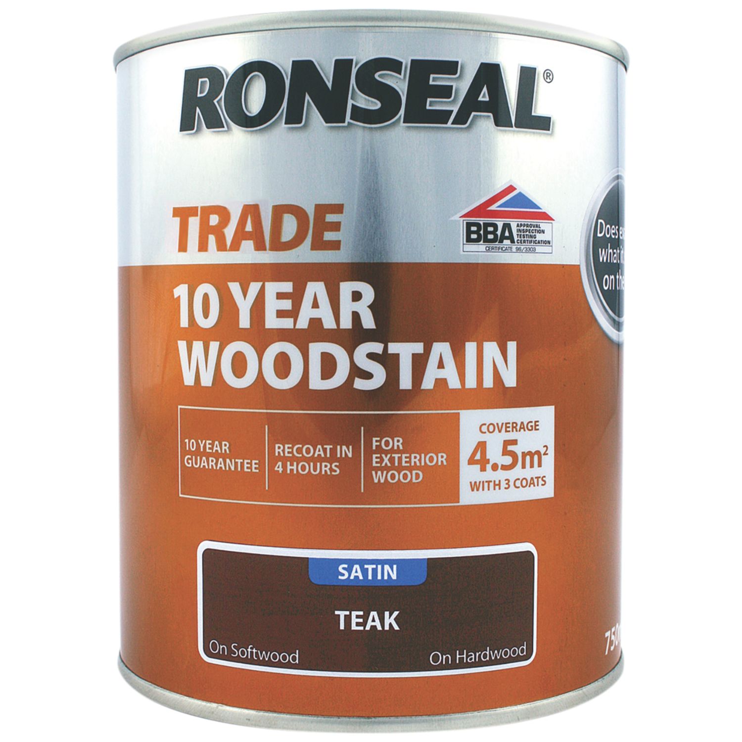 Ronseal 750ml Teak Satin Water-Based Exterior Wood Stain (594FG)