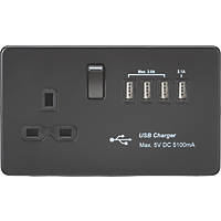 Knightsbridge SFR7USB4MBB 13A 1-Gang SP Switched Socket + 5.1A 4-Outlet Type A USB Charger Matt Black with Black Inserts