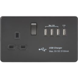 Knightsbridge SFR7USB4MBB 13A 1-Gang SP Switched Socket + 5.1A 4-Outlet Type A USB Charger Matt Black with Black Inserts
