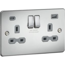 Knightsbridge  13A 2-Gang SP Switched Socket + 4.0A 20W 2-Outlet Type A & C USB Charger Polished Chrome with Grey Inserts