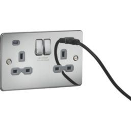 Knightsbridge  13A 2-Gang SP Switched Socket + 4.0A 20W 2-Outlet Type A & C USB Charger Polished Chrome with Grey Inserts