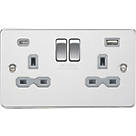 Knightsbridge  13A 2-Gang SP Switched Socket + 4.0A 20W 2-Outlet Type A & C USB Charger Polished Chrome with Grey Inserts