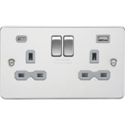 Knightsbridge  13A 2-Gang SP Switched Socket + 4.0A 20W 2-Outlet Type A & C USB Charger Polished Chrome with Grey Inserts