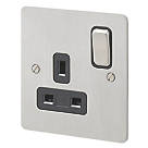 MK Edge 13A 1-Gang DP Switched Plug Socket Brushed Stainless Steel  with Black Inserts
