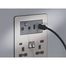 Knightsbridge SFR994BCG 13A 2-Gang DP Combination Plate + 4.0A 18W 2-Outlet Type A & C USB Charger Brushed Chrome with Colour-Matched Inserts