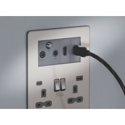 Knightsbridge SFR994BCG 13A 2-Gang DP Combination Plate + 4.0A 18W 2-Outlet Type A & C USB Charger Brushed Chrome with Colour-Matched Inserts
