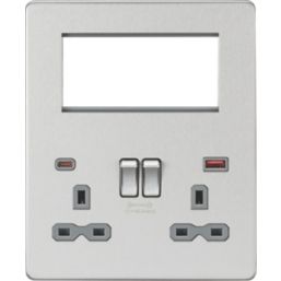 Knightsbridge SFR994BCG 13A 2-Gang DP Combination Plate + 4.0A 18W 2-Outlet Type A & C USB Charger Brushed Chrome with Colour-Matched Inserts