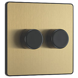 British General Evolve 2-Gang 2-Way LED Trailing Edge Double Push Dimmer with Rotary Control  Satin Brass with Black Inserts