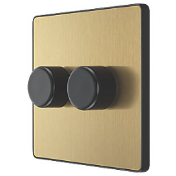 British General Evolve 2-Gang 2-Way LED Trailing Edge Double Push Dimmer with Rotary Control  Satin Brass with Black Inserts