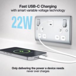 British General Nexus Metal 13A 2-Gang SP Switched Socket + 3.25A 22W 2-Outlet Type C USB Charger Polished Chrome with White Inserts