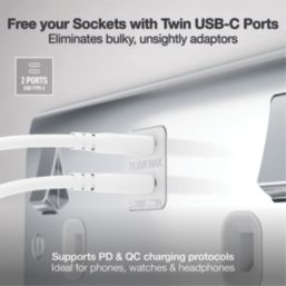 British General Nexus Metal 13A 2-Gang SP Switched Socket + 3.25A 22W 2-Outlet Type C USB Charger Polished Chrome with White Inserts