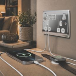 British General Nexus Metal 13A 2-Gang SP Switched Socket + 3.25A 22W 2-Outlet Type C USB Charger Polished Chrome with White Inserts
