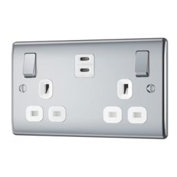 British General Nexus Metal 13A 2-Gang SP Switched Socket + 3.25A 22W 2-Outlet Type C USB Charger Polished Chrome with White Inserts