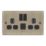 LAP  13A 2-Gang SP Switched Socket + 2.4A 12W 2-Outlet Type A USB Charger Antique Brass with Black Inserts
