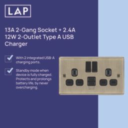 LAP  13A 2-Gang SP Switched Socket + 2.4A 12W 2-Outlet Type A USB Charger Antique Brass with Black Inserts