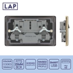 LAP  13A 2-Gang SP Switched Socket + 2.4A 12W 2-Outlet Type A USB Charger Antique Brass with Black Inserts