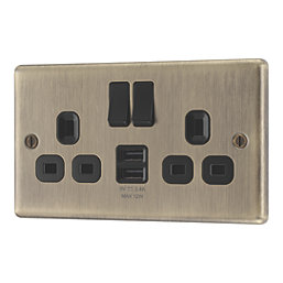 LAP  13A 2-Gang SP Switched Socket + 2.4A 12W 2-Outlet Type A USB Charger Antique Brass with Black Inserts