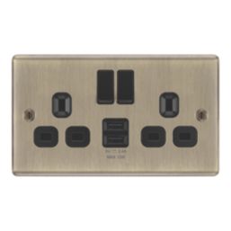 LAP  13A 2-Gang SP Switched Socket + 2.4A 12W 2-Outlet Type A USB Charger Antique Brass with Black Inserts