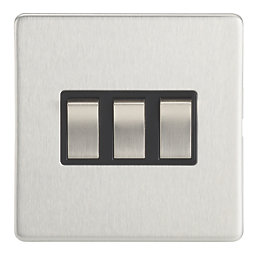 Contactum Lyric 10AX 3-Gang 2-Way Light Switch  Brushed Steel with Black Inserts