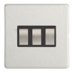 Contactum Lyric 10AX 3-Gang 2-Way Light Switch  Brushed Steel with Black Inserts
