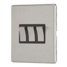Contactum Lyric 10AX 3-Gang 2-Way Light Switch  Brushed Steel with Black Inserts