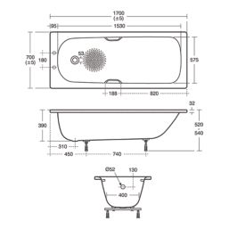Armitage Shanks Simplicity  Single-Ended Bath Steel 2 Tap Holes 1700mm x 700mm