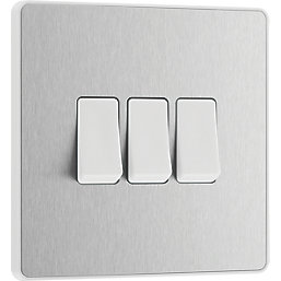 British General Evolve 20 A  16AX 3-Gang 2-Way Light Switch  Brushed Steel with White Inserts