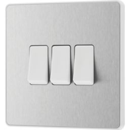 British General Evolve 20A 16AX 3-Gang 2-Way Light Switch  Brushed Steel with White Inserts