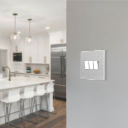 British General Evolve 20A 16AX 3-Gang 2-Way Light Switch  Brushed Steel with White Inserts