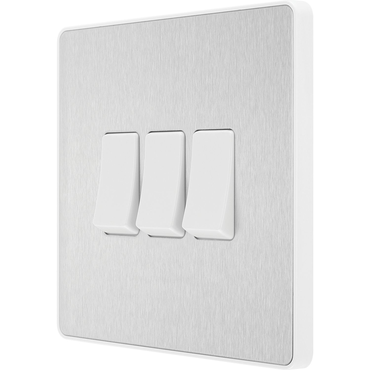 British General Evolve 20A 16AX 3-Gang 2-Way Light Switch Brushed Steel with White Inserts (605PY)