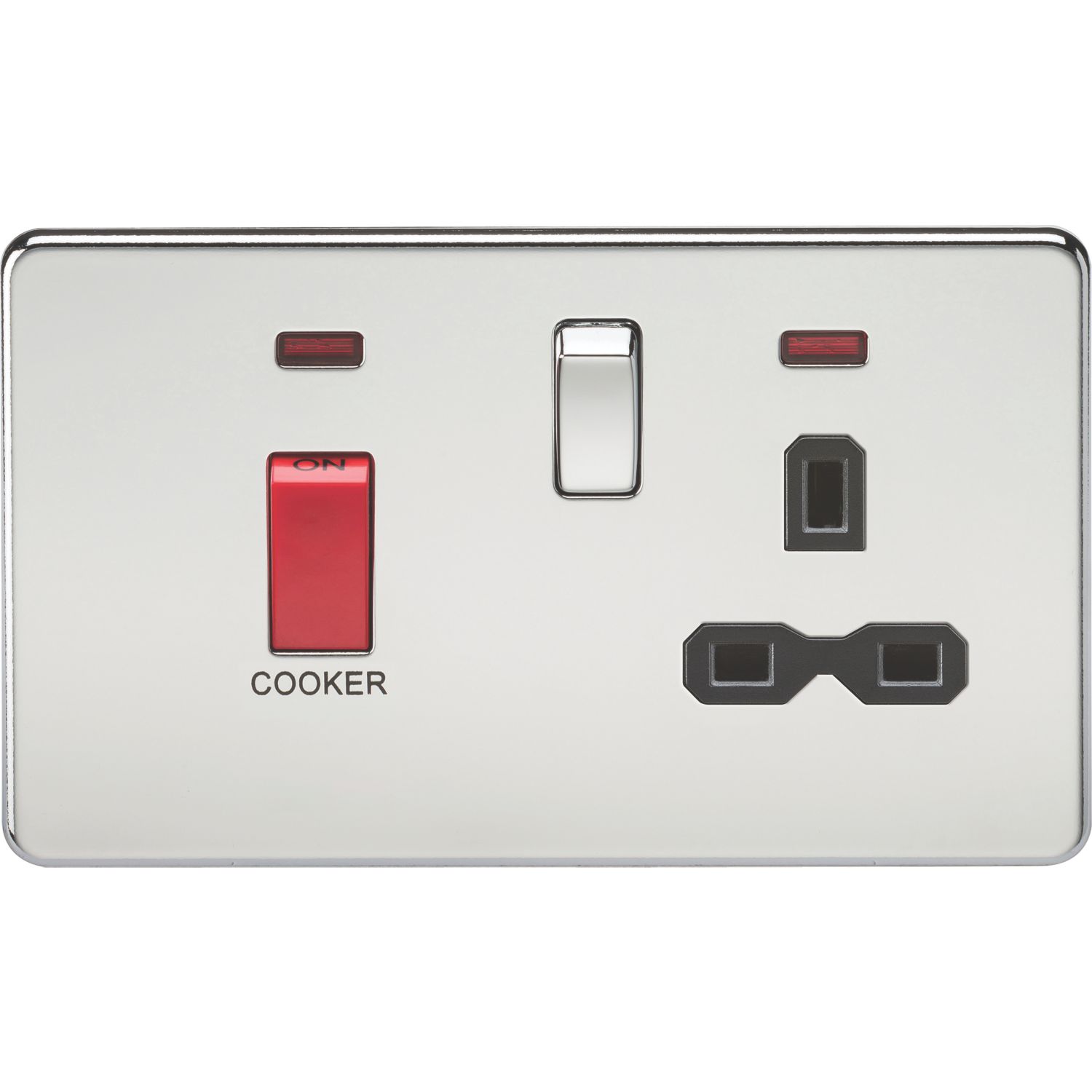 Knightsbridge 45A 2-Gang DP Cooker Switch & 13A DP Switched Socket Polished Chrome with LED with Black Inserts (606TY)