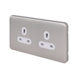 Schneider Electric Lisse Deco 13A 2-Gang Unswitched Plug Socket Brushed Stainless Steel with White Inserts