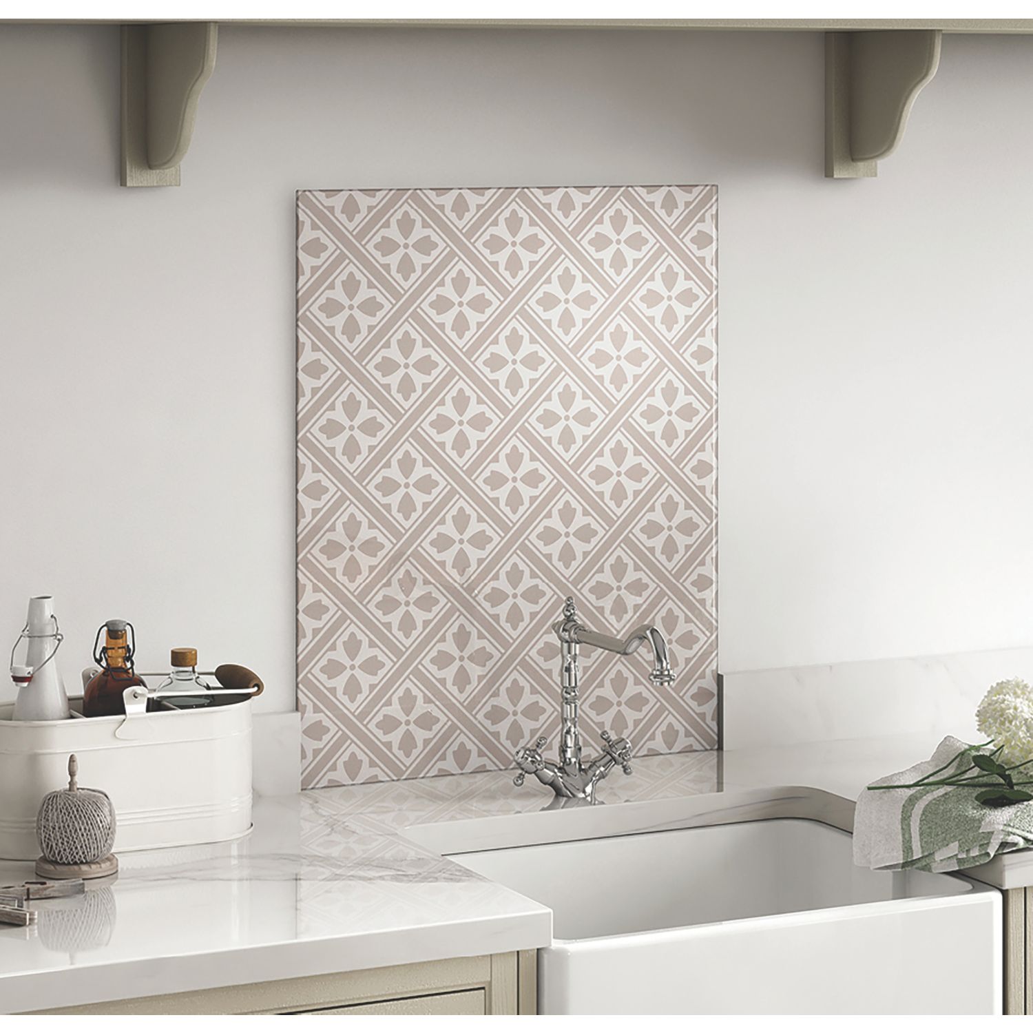 Laura Ashley Mr Jones Dove Grey Self-Adhesive Glass Kitchen Splashback 600mm x 750mm x 6mm (607RX)
