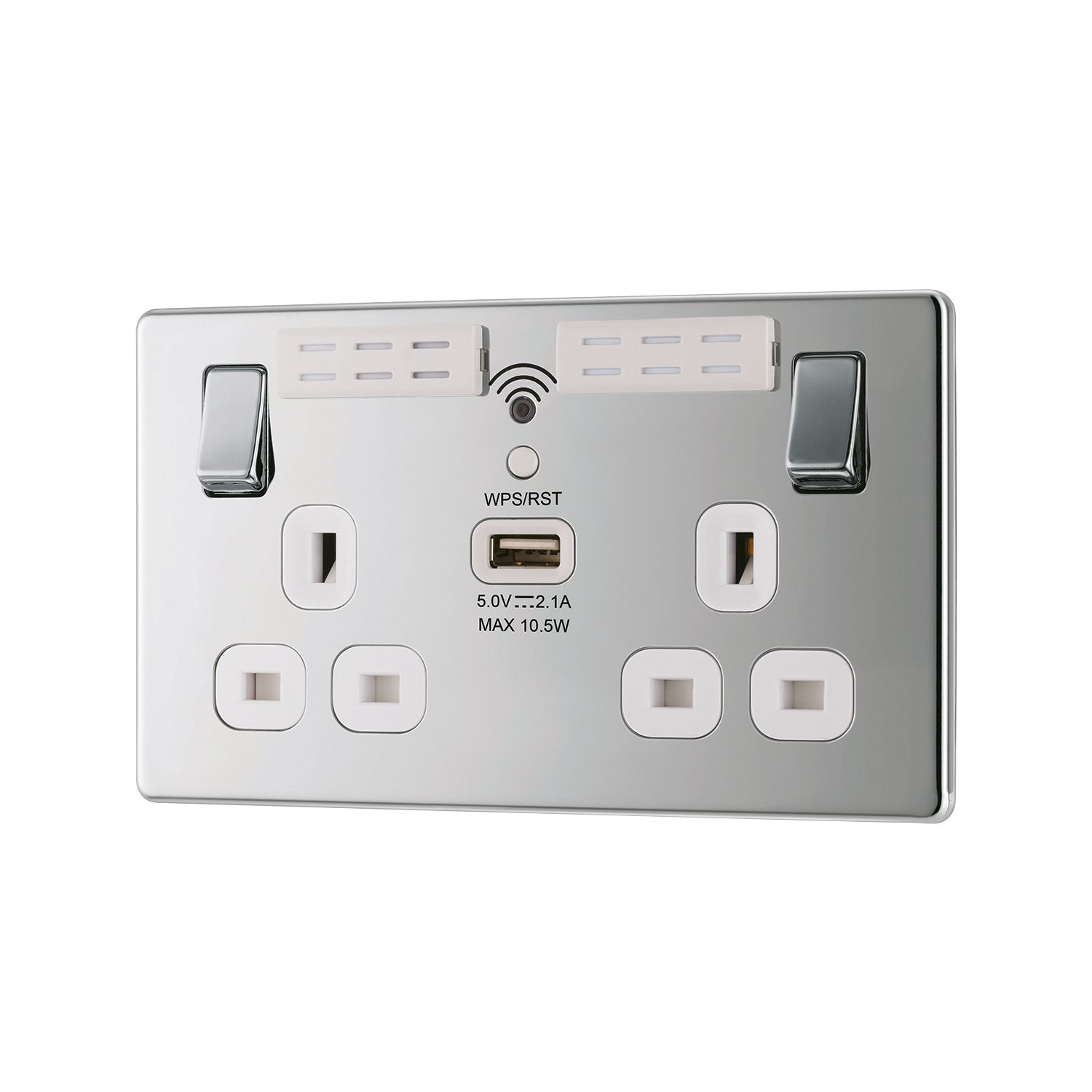 LAP 13A 2-Gang SP Switched Wi-Fi Extender Socket + 2.1A 10.5W 1-Outlet Type A USB Charger Polished Chrome with White Inserts (609KJ)