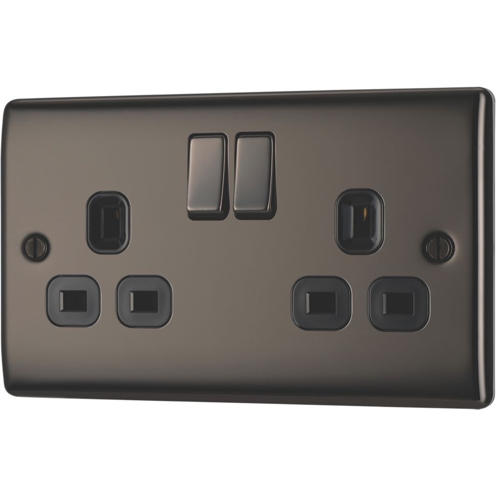 British General Nexus Metal 13A 2-Gang DP Switched Plug Socket Black Nickel  with Black Inserts