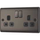 British General Nexus Metal 13A 2-Gang DP Switched Plug Socket Black Nickel  with Black Inserts