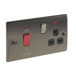 British General Nexus Metal 45A 2-Gang DP Cooker Switch & 13A DP Switched Socket Black Nickel with LED with Black Inserts