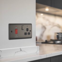 British General Nexus Metal 45A 2-Gang DP Cooker Switch & 13A DP Switched Socket Black Nickel with LED with Black Inserts
