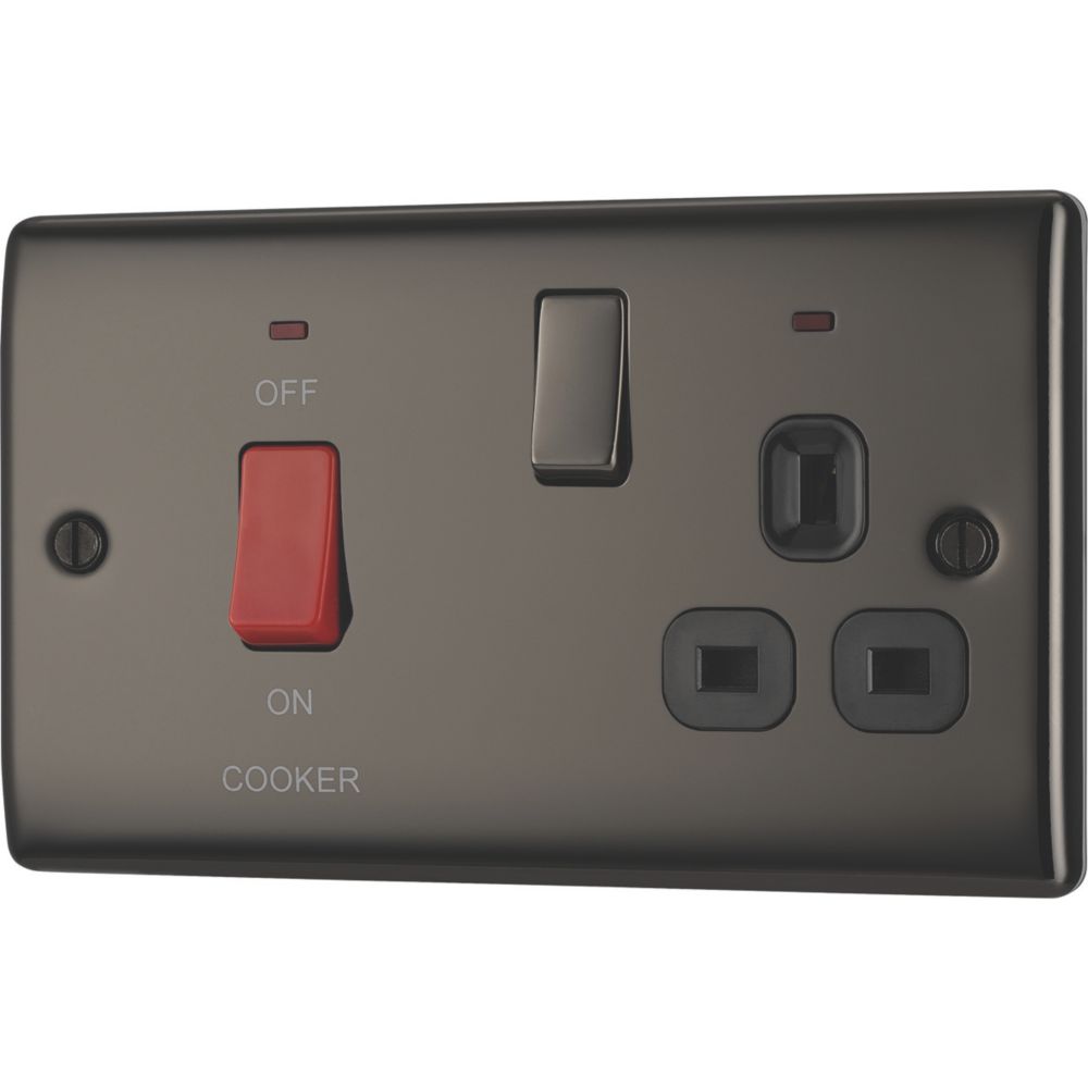 British General Nexus Metal 45A 2-Gang DP Cooker Switch & 13A DP Switched Socket Black Nickel with LED with Black Inserts