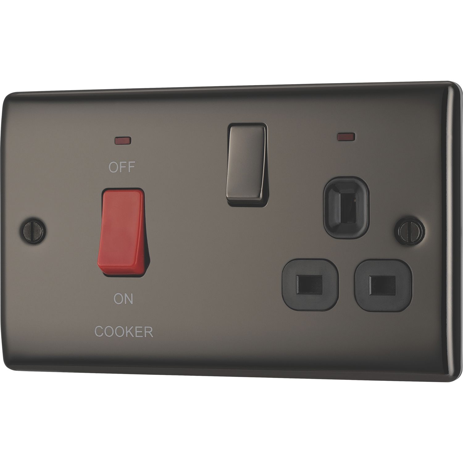British General Nexus Metal 45A 2-Gang DP Cooker Switch & 13A DP Switched Socket Black Nickel with LED with Black Inserts (61060)
