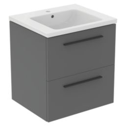 Ideal Standard i.life B Wall Hung Vanity Unit with Black Handles & Basin Matt Quartz Grey 600mm x 505mm x 630mm