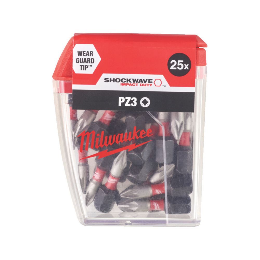 Milwaukee Shockwave 1/4" 25mm Hex Shank PZ3 Impact Duty Screwdriver Bits 25 Pack
